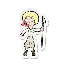 Retro Distressed Sticker Of A Cartoon Woman With Spear Sticking Out Tongue Stock Photo