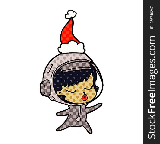 Comic Book Style Illustration Of A Pretty Astronaut Girl Wearing Santa Hat