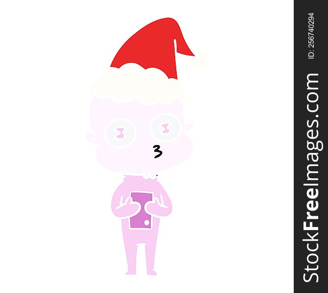 Flat Color Illustration Of A Weird Bald Spaceman Wearing Santa Hat