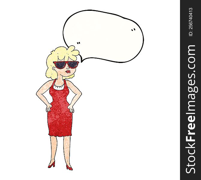 freehand drawn texture speech bubble cartoon woman wearing sunglasses