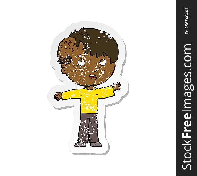 Retro Distressed Sticker Of A Cartoon Boy With Growth On Head