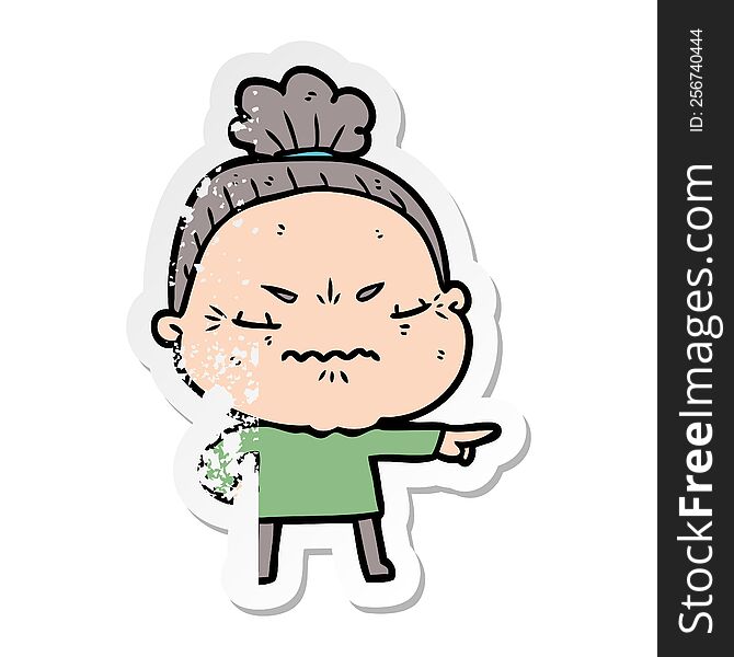 Distressed Sticker Of A Cartoon Annoyed Old Lady