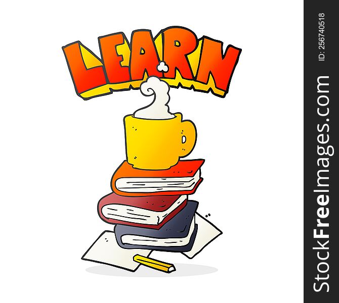 Cartoon Books And Coffee Cup Under Learn Symbol