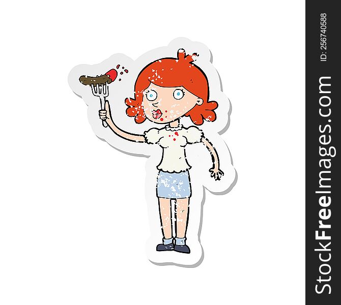 retro distressed sticker of a cartoon woman eating sausage