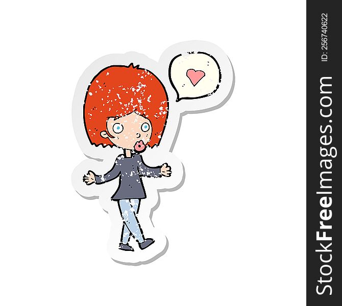 Retro Distressed Sticker Of A Cartoon Woman In Love Shrugging Shoulders
