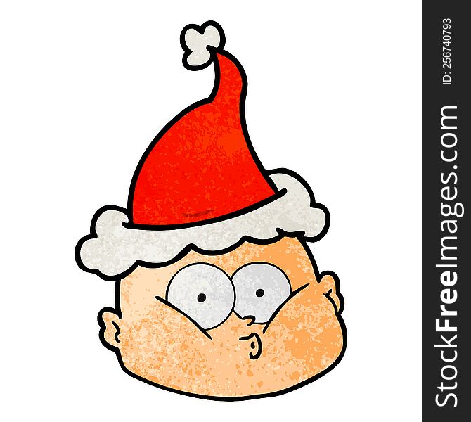 hand drawn textured cartoon of a curious bald man wearing santa hat