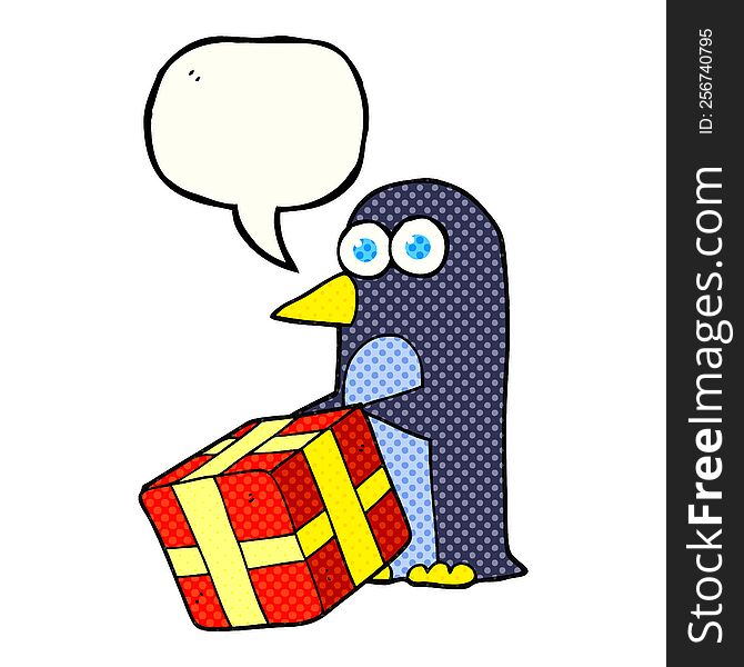 freehand drawn comic book speech bubble cartoon penguin with christmas present
