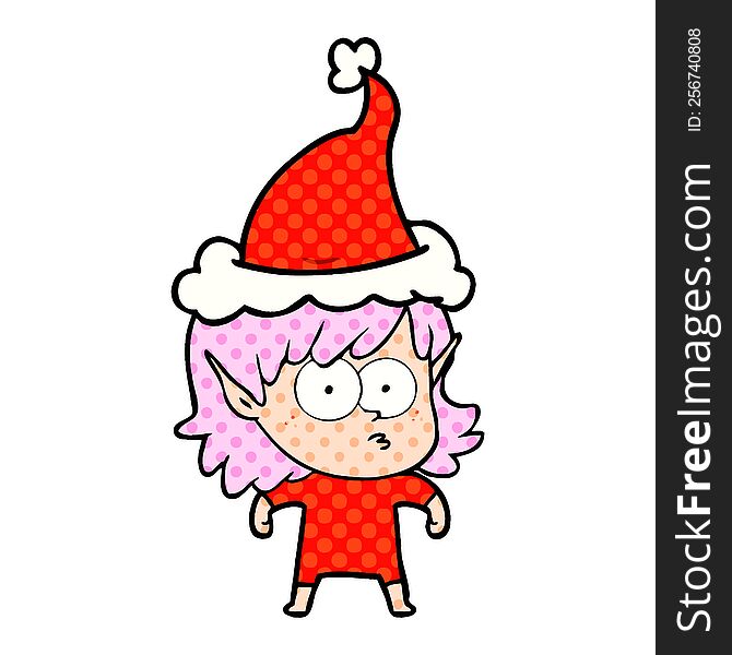 Comic Book Style Illustration Of A Elf Girl Staring Wearing Santa Hat