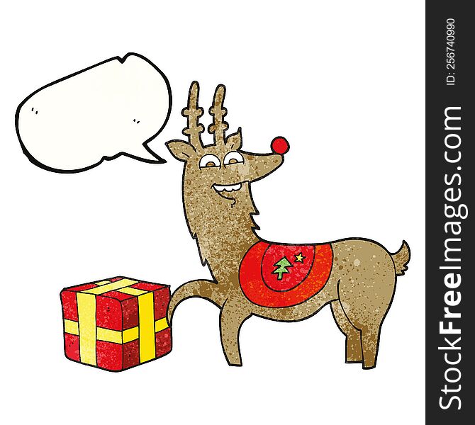 speech bubble textured cartoon christmas reindeer with present