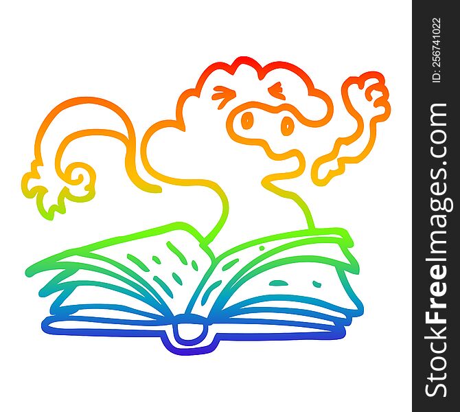 rainbow gradient line drawing of a cartoon spell book