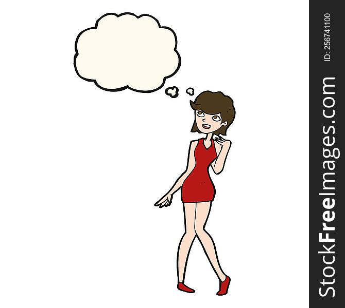 cartoon woman in cocktail dress with thought bubble