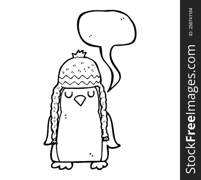 freehand drawn speech bubble cartoon robin wearing winter hat