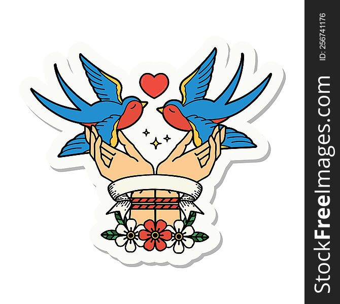 tattoo style sticker with banner of tied hands and swallows