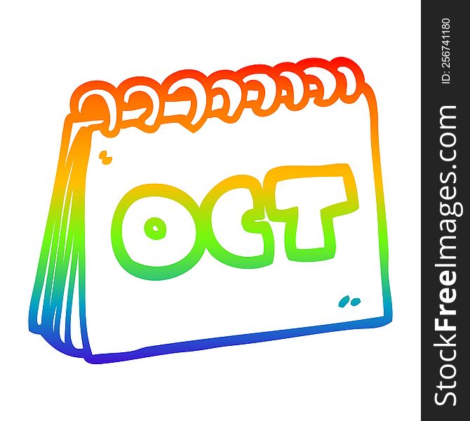 Rainbow Gradient Line Drawing Cartoon Calendar Showing Month Of October