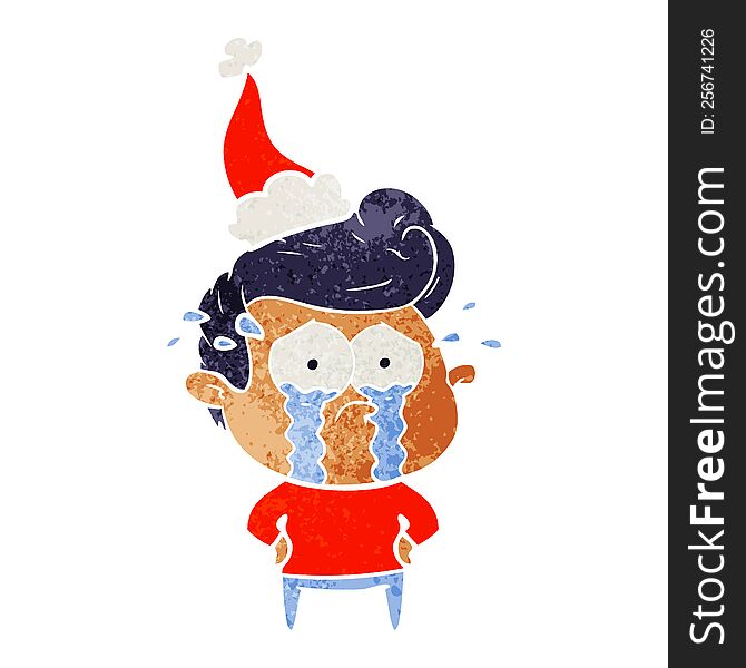 Retro Cartoon Of A Crying Man Wearing Santa Hat