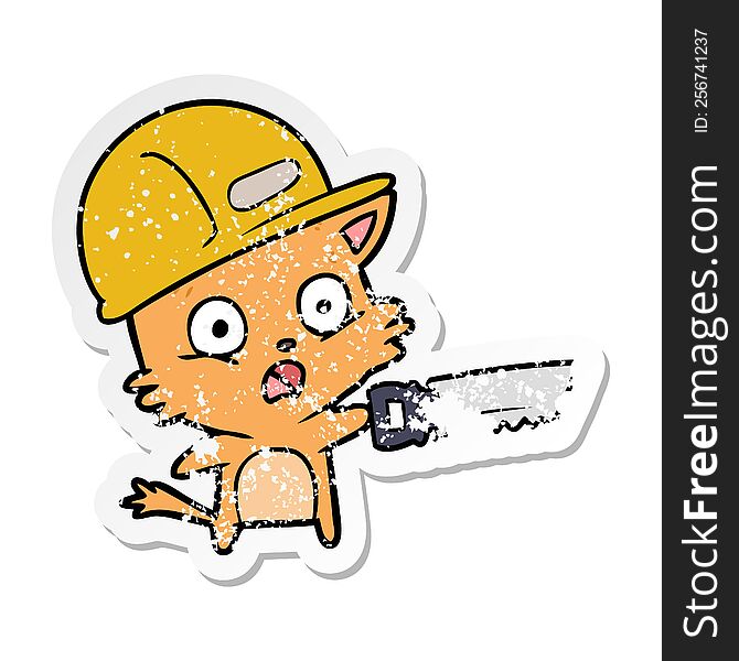 Distressed Sticker Of A Cartoon Cat Builder