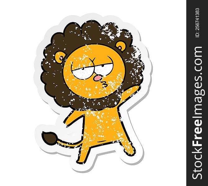Distressed Sticker Of A Cartoon Tired Lion