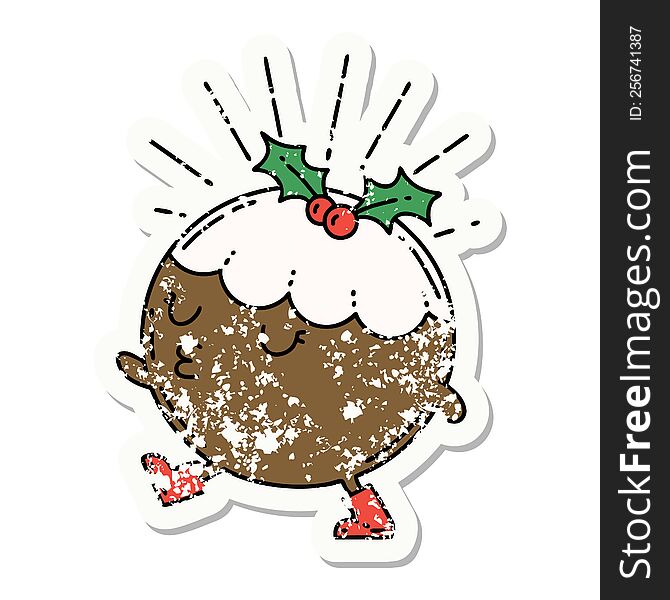 Grunge Sticker Of Tattoo Style Christmas Pudding Character Walking