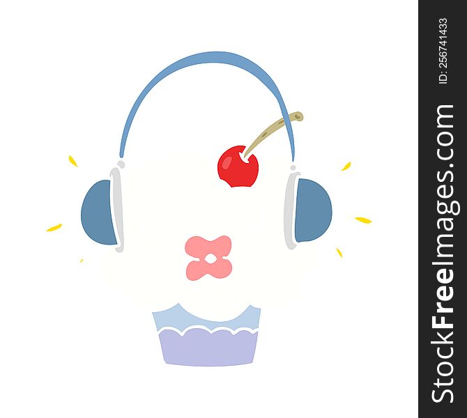 funny flat color style cartoon cupcake listening to music