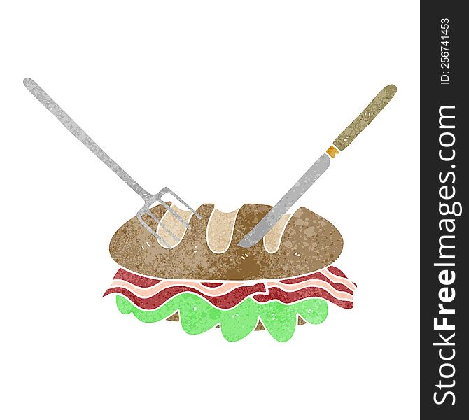 Retro Cartoon Knife And Fork Cutting Huge Sandwich