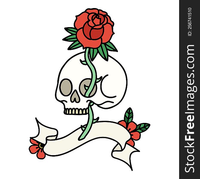 Tattoo With Banner Of A Skull And Rose