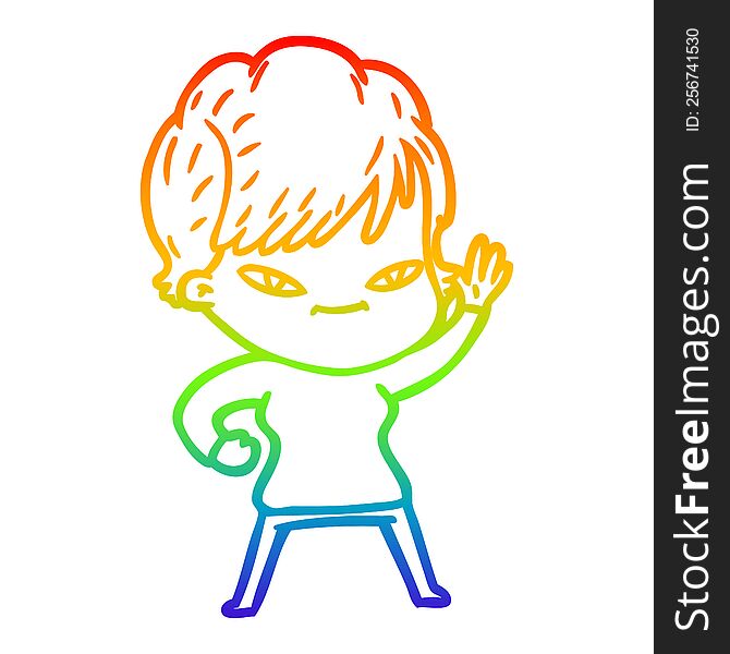 rainbow gradient line drawing of a cartoon happy woman