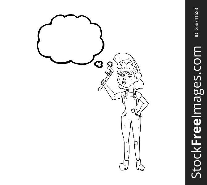 freehand drawn thought bubble cartoon capable woman with wrench