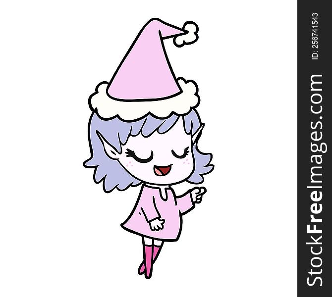 happy hand drawn line drawing of a elf girl pointing wearing santa hat. happy hand drawn line drawing of a elf girl pointing wearing santa hat