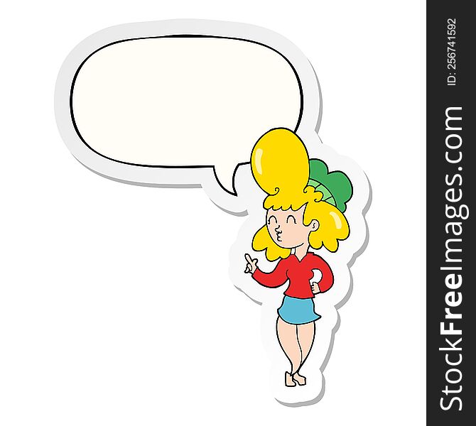 cartoon woman with big hair with speech bubble sticker. cartoon woman with big hair with speech bubble sticker