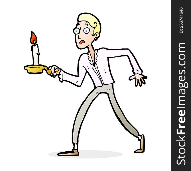 Cartoon Frightened Man Walking With Candlestick