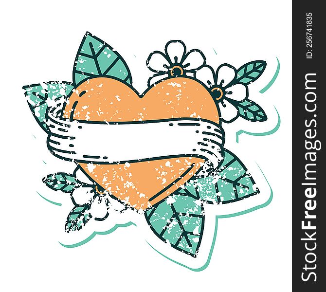 Distressed Sticker Tattoo Style Icon Of A Heart And Banner