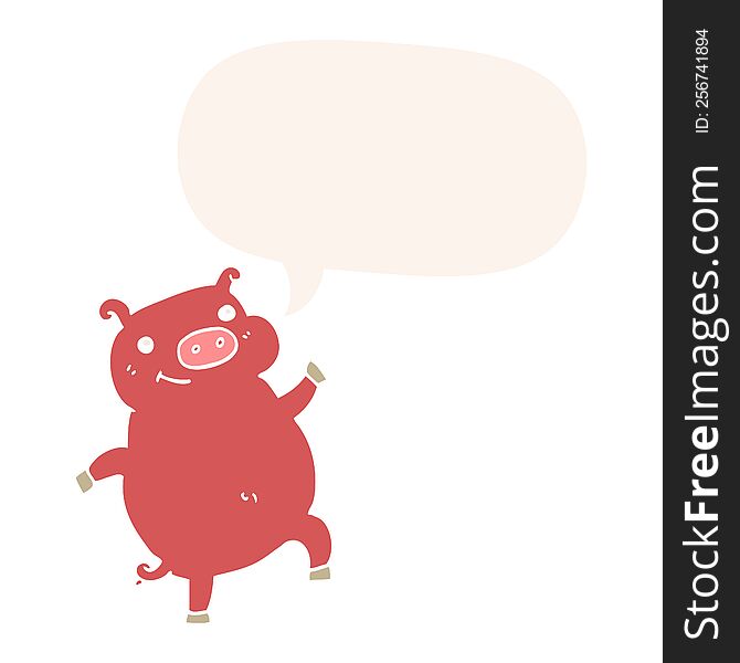 Cartoon Dancing Pig And Speech Bubble In Retro Style