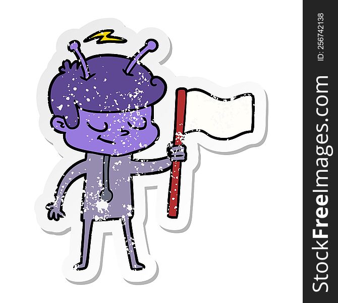 distressed sticker of a friendly cartoon spaceman with white flag