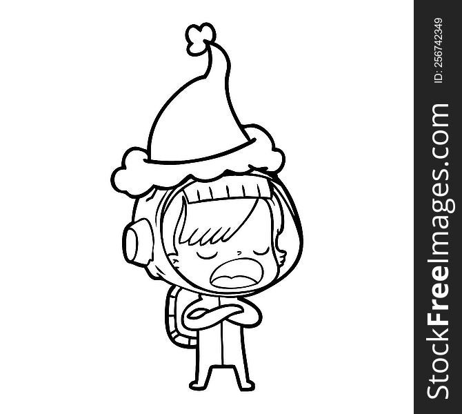 Line Drawing Of A Astronaut Woman Explaining Wearing Santa Hat