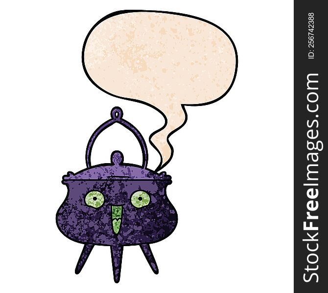 Halloween Cauldron Cartoon And Speech Bubble In Retro Texture Style