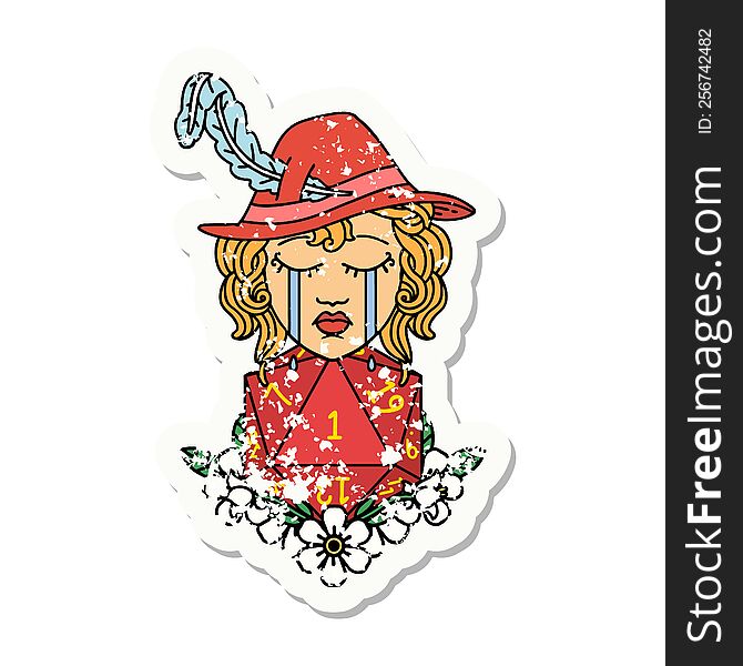 Crying Human Bard With Natural One D20 Dice Roll Grunge Sticker