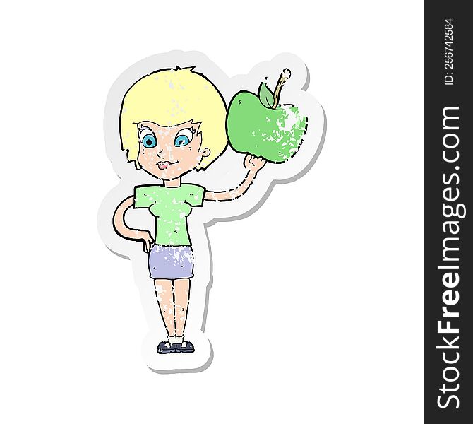 retro distressed sticker of a cartoon woman holding apple