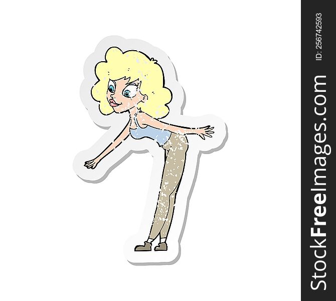 Retro Distressed Sticker Of A Cartoon Woman Reaching To Pick Something Up