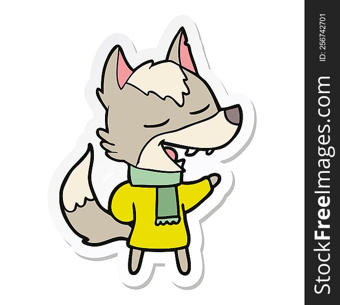 sticker of a cartoon wolf in scarf laughing