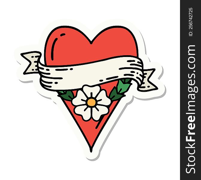 sticker of tattoo in traditional style of a heart flower and banner. sticker of tattoo in traditional style of a heart flower and banner