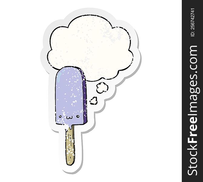 cartoon ice lolly with thought bubble as a distressed worn sticker
