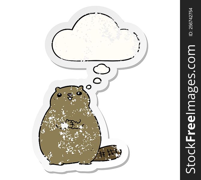 Cartoon Beaver And Thought Bubble As A Distressed Worn Sticker