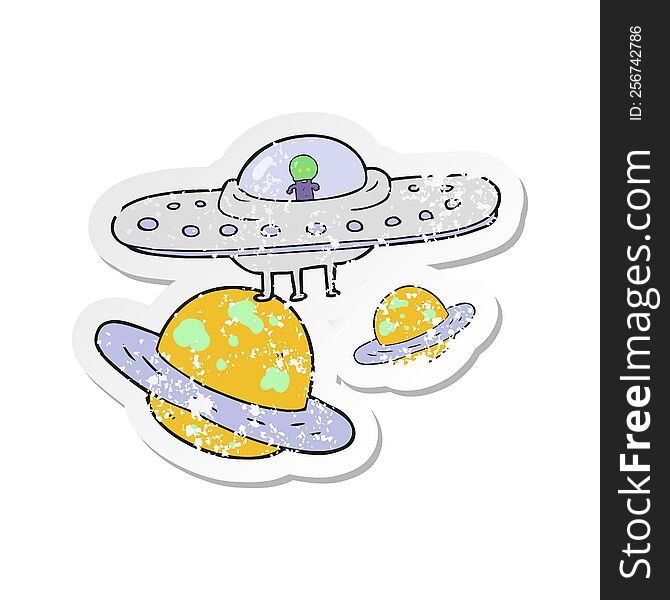 Retro Distressed Sticker Of A Cartoon Flying Saucer In Space