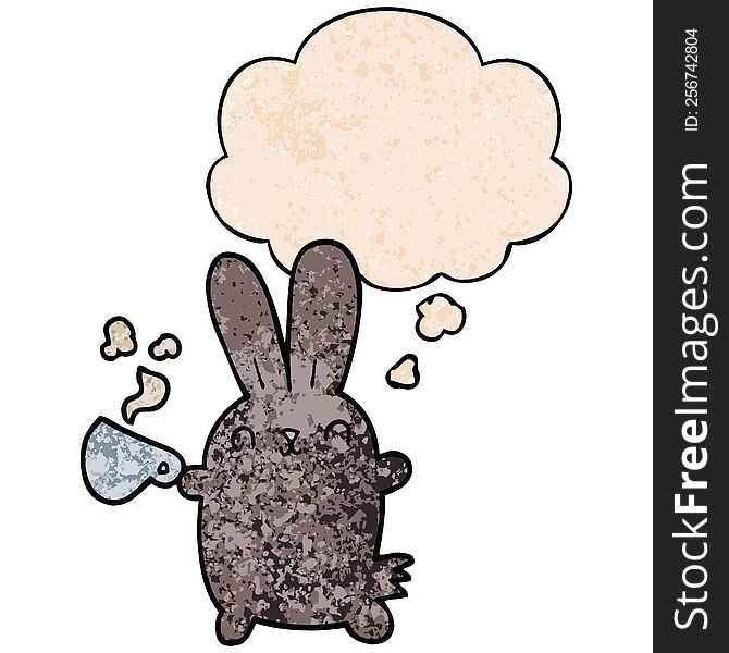 cute cartoon rabbit with coffee cup with thought bubble in grunge texture style. cute cartoon rabbit with coffee cup with thought bubble in grunge texture style