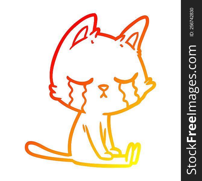 warm gradient line drawing of a crying cartoon cat sitting