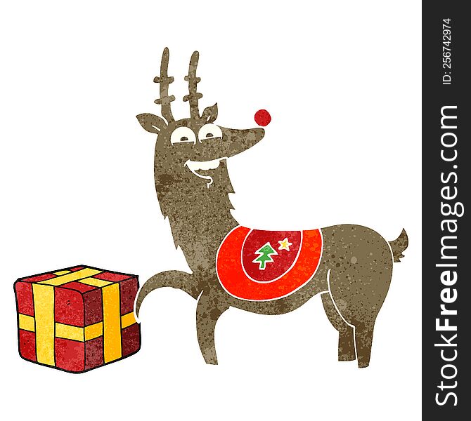 freehand retro cartoon christmas reindeer with present