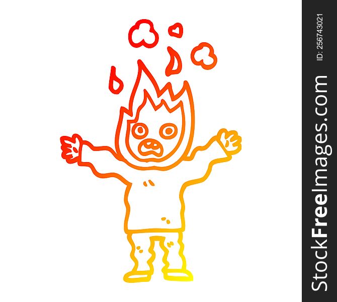 Warm Gradient Line Drawing Cartoon Man With Head On Fire