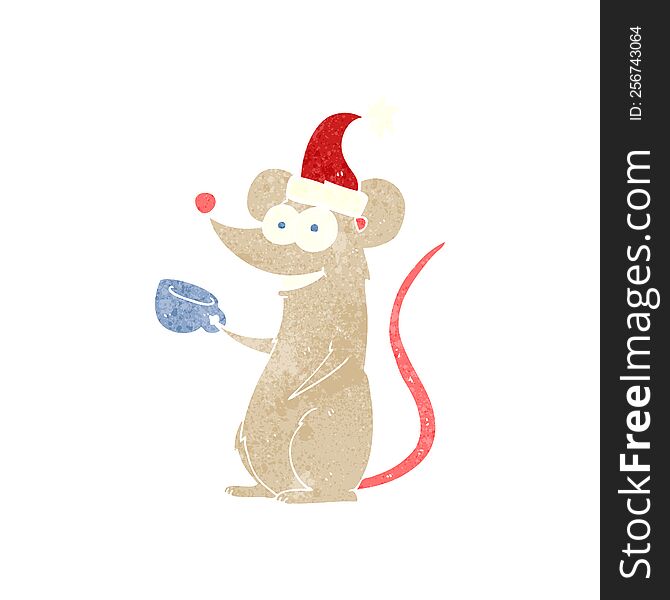 freehand retro cartoon mouse wearing christmas hat