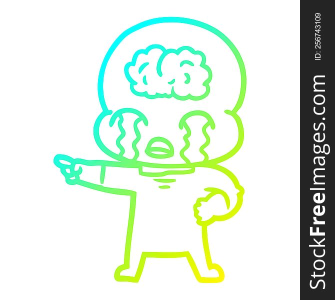 Cold Gradient Line Drawing Cartoon Big Brain Alien Crying And Pointing