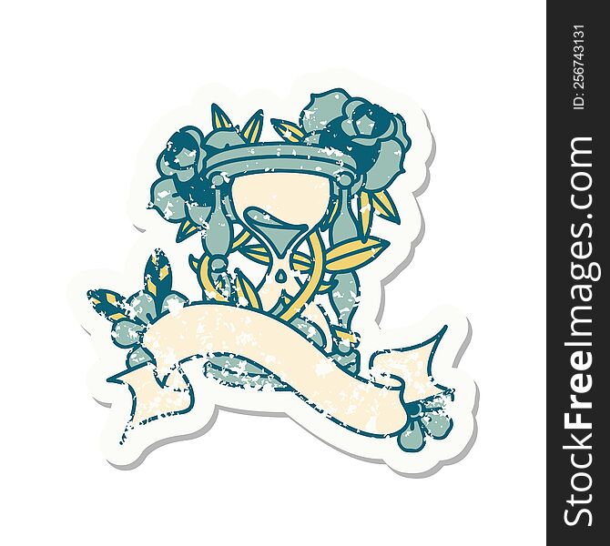 grunge sticker with banner of an hour glass and flowers
